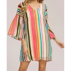 Women's Boutique Listicle Multicolor Striped Bell-Sleeve Shift Dress (Size Lg)